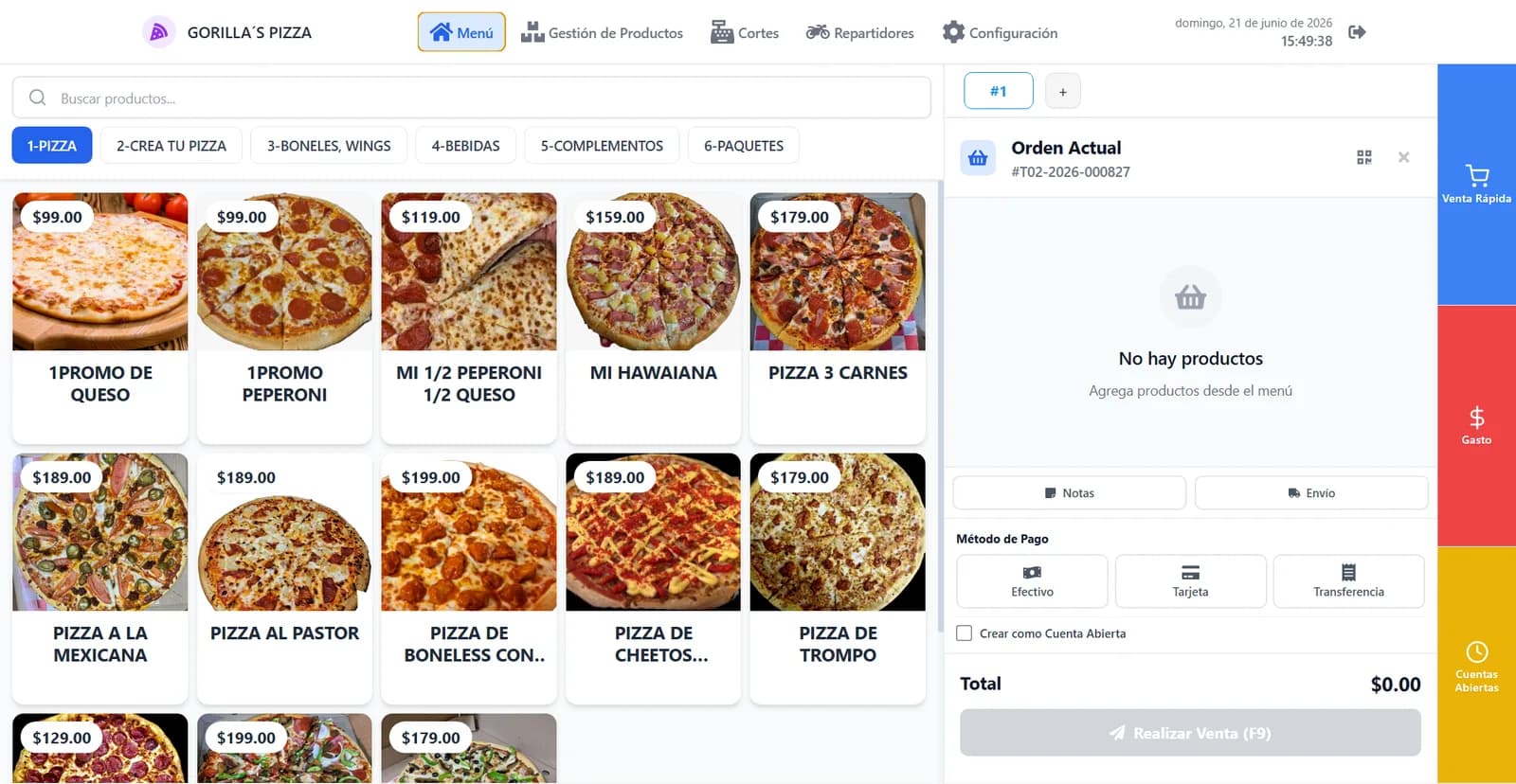 Pantalla principal de Almora POS: menú de productos, carrito de venta y métodos de pago para restaurante