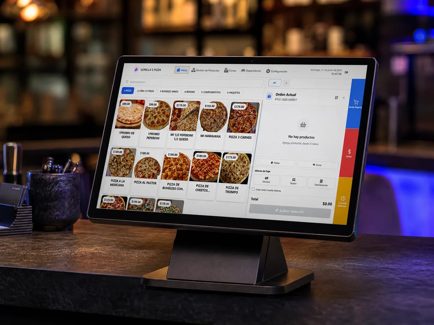 Pantalla de punto de venta Almora POS mostrando menú de productos y ticket de venta en pantalla táctil de restaurante